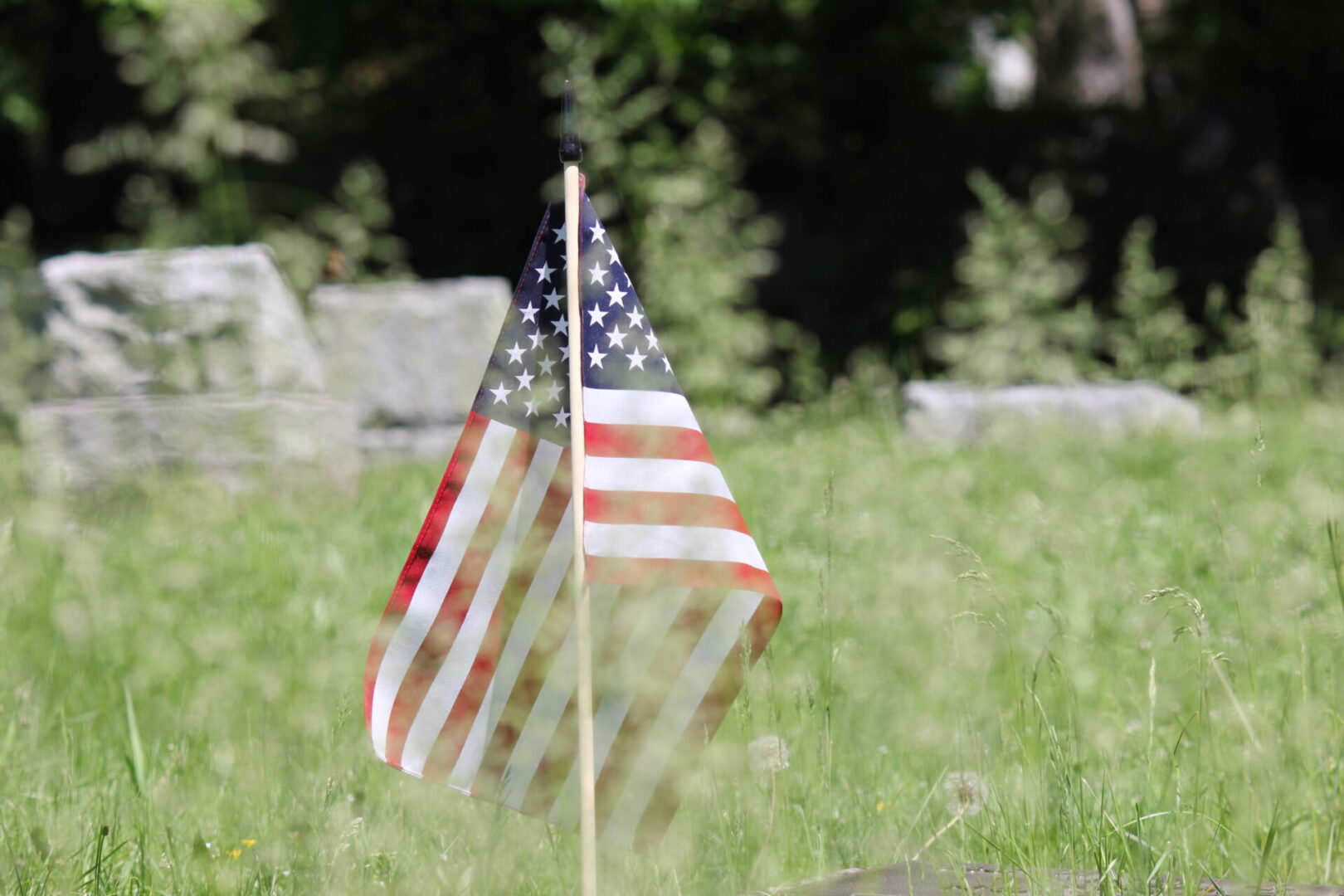 American flag in a grassy field