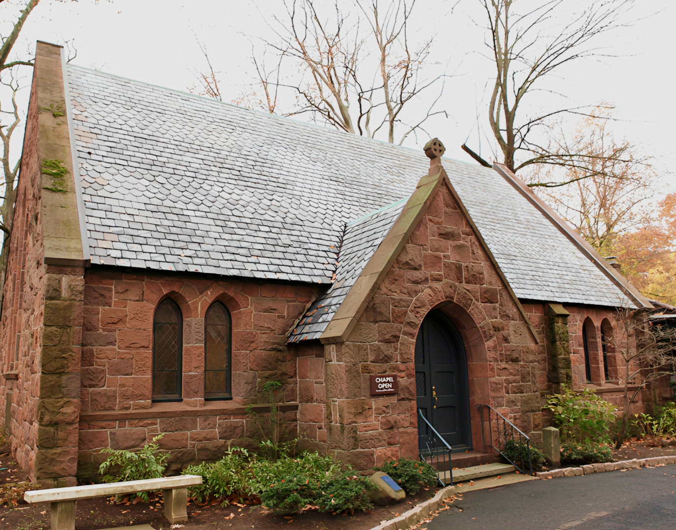 Historic stone chapel with arched entrance